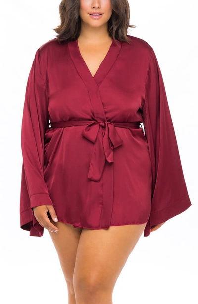 Oh La La Cheri Women's Short Polyester Charmeuse Lingerie Robe With Wide Sleeves And A Tie Belt In Rhubarb