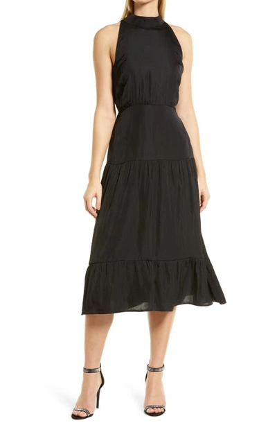 Sam Edelman High Neck Tiered Hem Sleeveless Midi Dress In Black