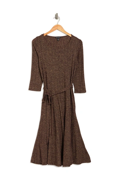 Nina Leonard Sylvia 3/4 Sleeve A-line Metallic Ribbed Midi Dress In Wine/ Gold