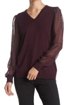 Adrianna Papell V-neck Clip Dot Sleeve Sweater In Plum