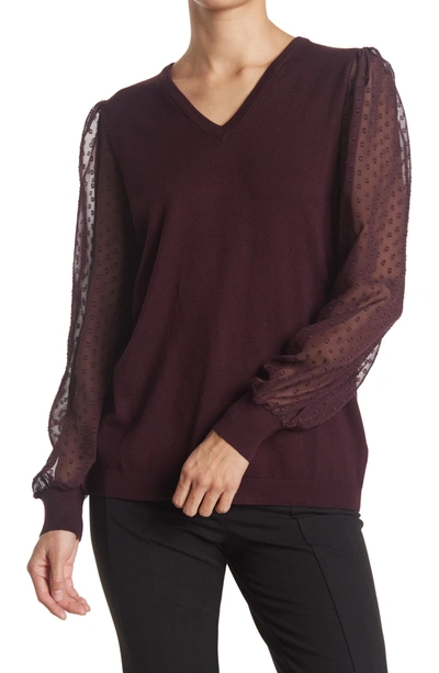 Adrianna Papell V-neck Clip Dot Sleeve Sweater In Plum