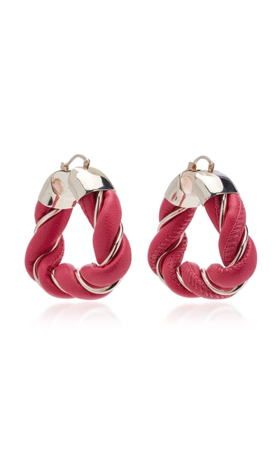 Bottega Veneta Twist Triangle Leather-trimmed Sterling Silver Earrings In Pink