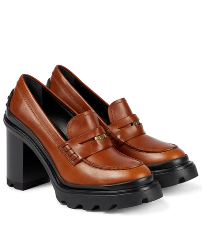 Tod's Leather Penny Loafer Pumps In Brown