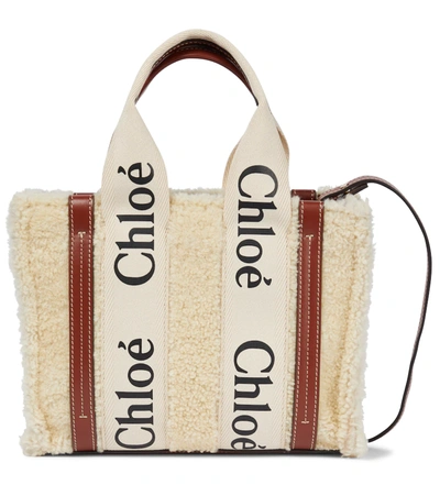 Chloé Woody Small Shearling And Leather Tote In Mild Beige