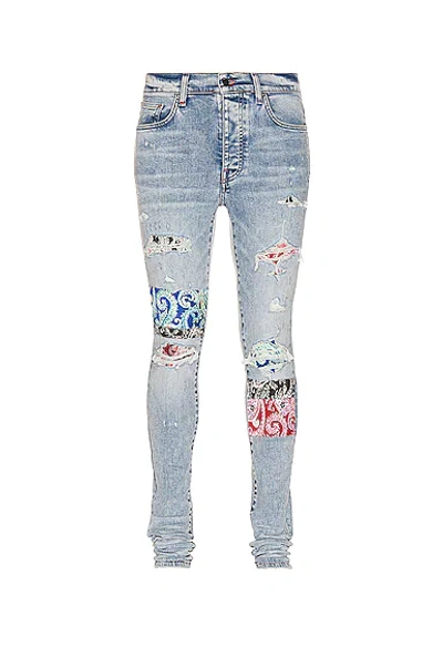 Amiri Mens Blue/pink Pajama Art Patch Distressed Slim-fit Jeans 32