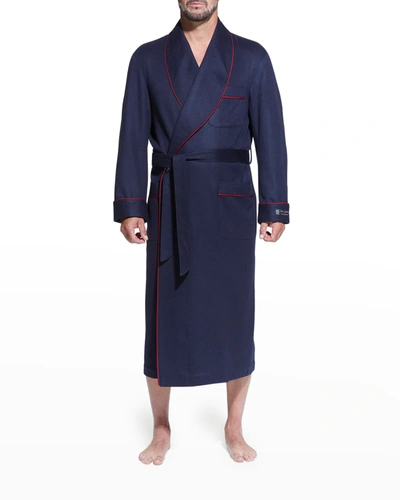 Majestic Men's Cashmere Braid-trim Shawl Robe In Navy W/ Burgundy Braid