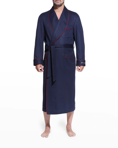 Majestic Men's Cashmere Braid-trim Shawl Dressing Gown In Navy W/ Burgundy Braid