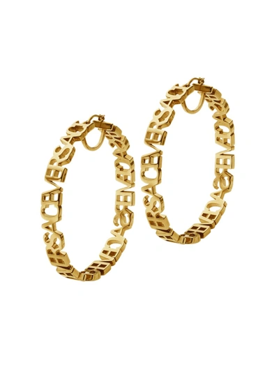 Versace Logo Text Hoop Earrings In Gold | ModeSens