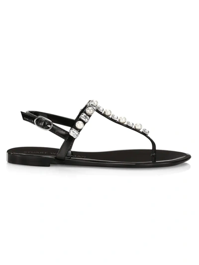 Stuart Weitzman Goldie Crystal & Pearl T-strap Jelly Sandals In Black