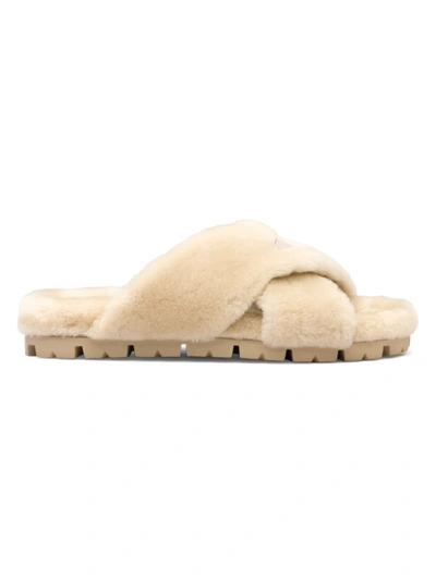 Prada Fussbett Shearling Crisscross Sandals In Ecru
