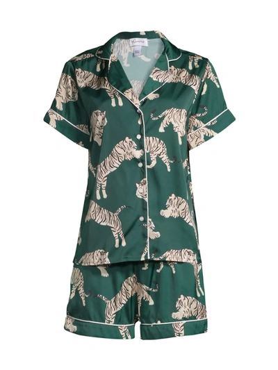 Averie Sleep Two-piece Tiger Print Shorts Pajama Set In Emerald Green