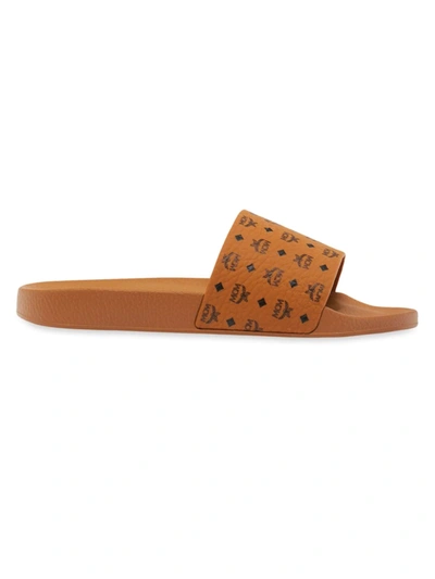 Mcm Men's Monogram Logo Slip-on Sandals In Cognac