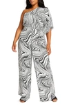 River Island Black Marble Print One-shoulder Jumpsuit In Black/ White