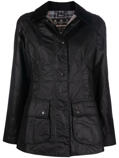 Barbour Wax-coated Buttoned-up Jacket In Black