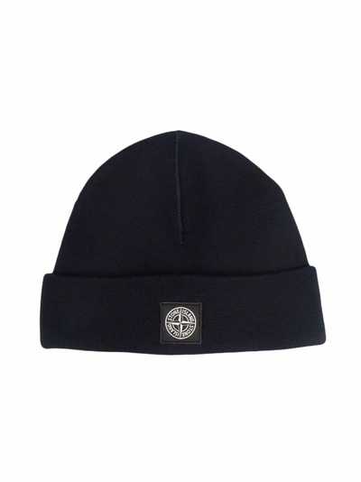 Stone Island Junior Kids' Logo-patch Wool Beanie In Blue