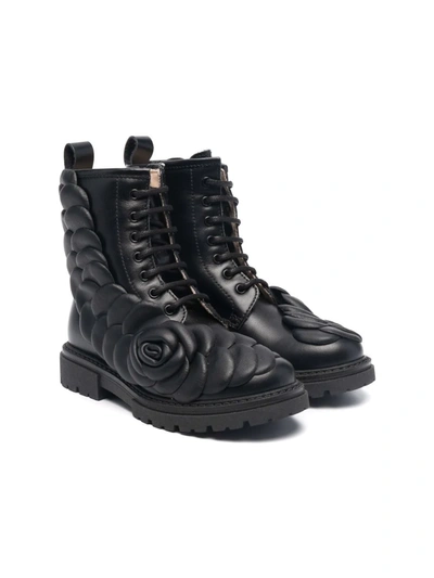 Florens Kids' Floral-appliqué Leather Boots In Black