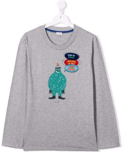 Paul Smith Junior Kids' Monster-print Cotton T-shirt In Grey