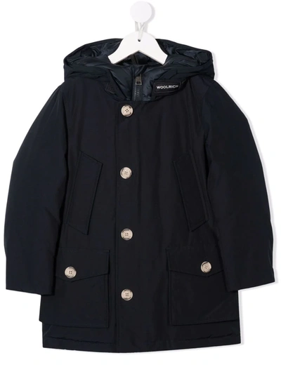 Woolrich Kids' Collar-logo Hooded Padded Coat In Blue