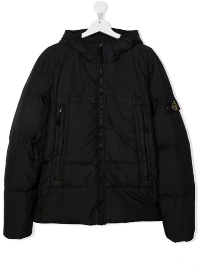 Stone Island Teen Hooded Padded Down Coat In Black