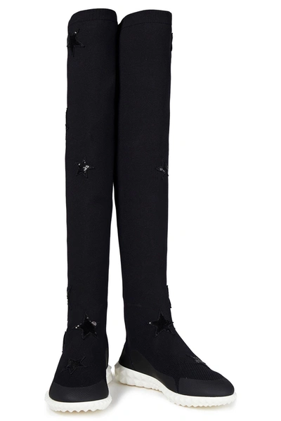 Valentino Garavani Embellished Stretch-knit Over-the-knee Boots In Black