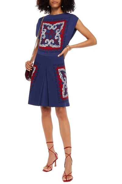 Valentino Pleated Jacquard-knit Mini Dress In Blue