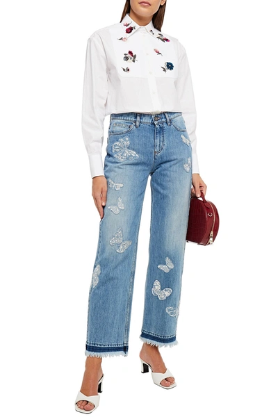 Valentino Embroidered High-rise Straight-leg Jeans In Blue
