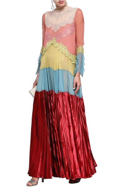 Valentino Lace-trimmed Pleated Colour-block Velvet And Voile Maxi Dress In Multi