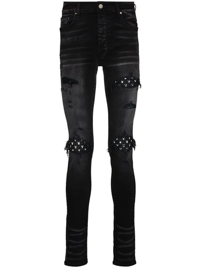 Amiri Mx1 Skinny-fit Panelled Distressed Jeans In Black Od
