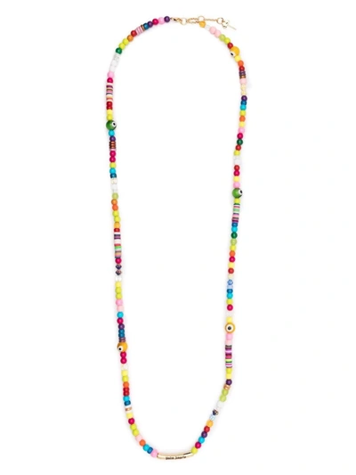 Palm Angels Long Logo Rainbow Beaded Necklace In Rosa