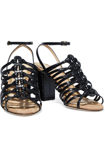 Charlotte Olympia Helvin Knotted Snake-effect Leather Sandals In Black