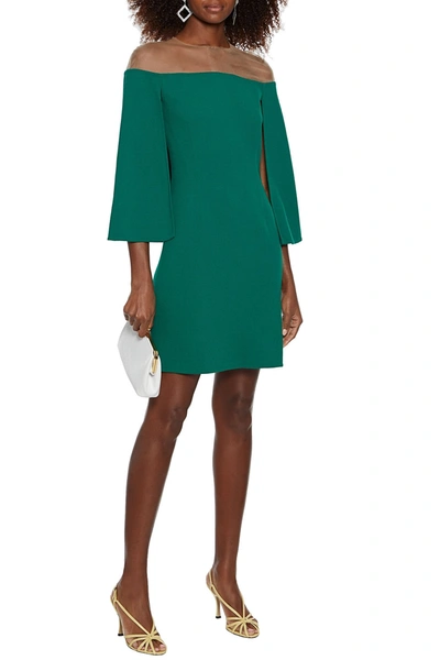 Oscar De La Renta Cape-effect Tulle-paneled Wool-blend Crepe Mini Dress In Emerald