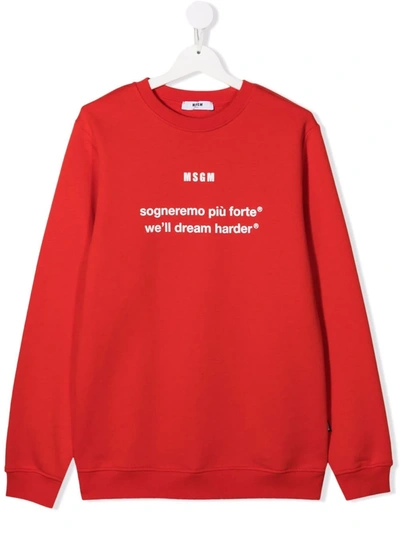 Msgm Teen Slogan-print Cotton Sweatshirt In Red