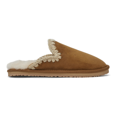 Mou Brown Suede Stitch Slippers In Beige