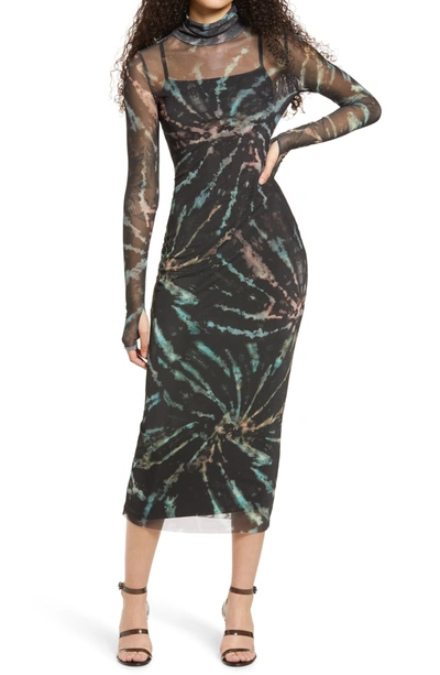 Afrm Shailene Sheer Long Sleeve Dress In Earthy Spiral