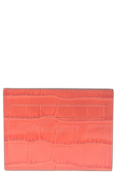 Longchamp Le Pliage Croc Embossed Leather Card Holder In Coral
