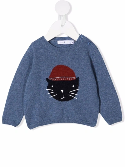 Knot Babies' Cat-print Knitted Jumper In Blue