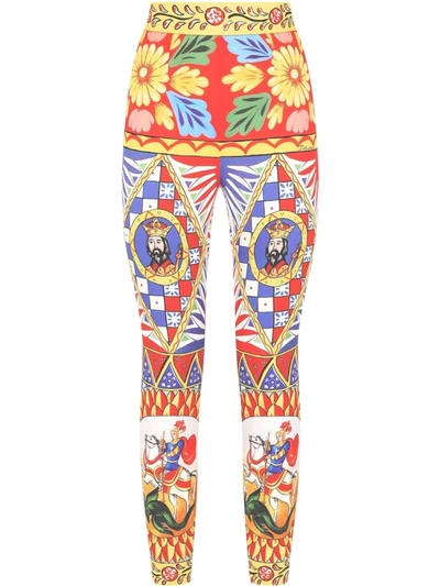 DOLCE & GABBANA CARRETTO-PRINT STRETCH-SILK LEGGINGS