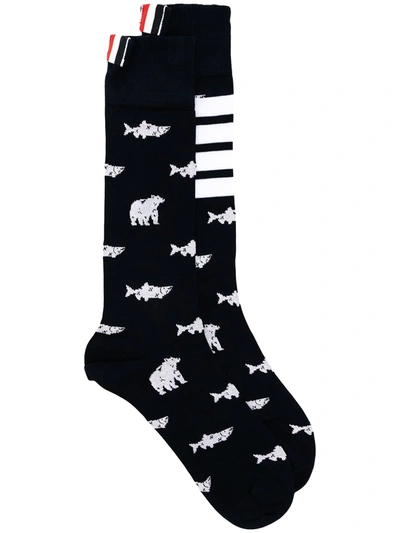 Thom Browne Animal Knit Mid-calf Socks In Blue