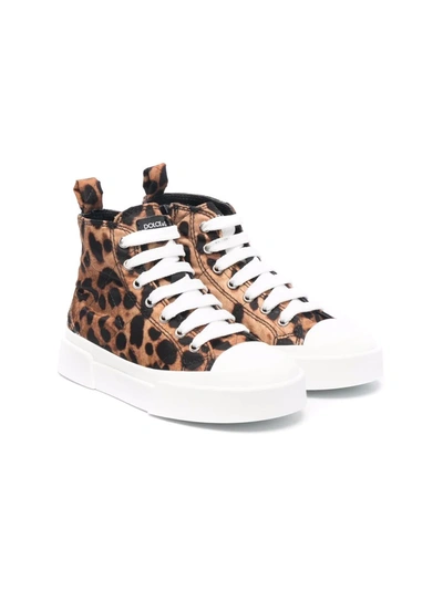 Dolce & Gabbana Kids' Portofino Leopard Print High Top Sneaker In Brown