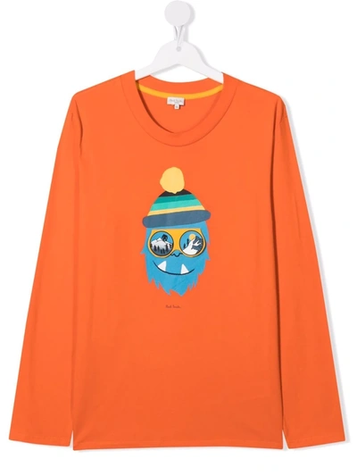 Paul Smith Junior Kids' Graphic-print Long-sleeve Organic Cotton T-shirt In Orange