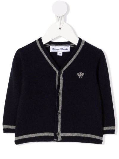 Tartine Et Chocolat Babies' Embroidered-logo Cashmere Cardigan In Blue