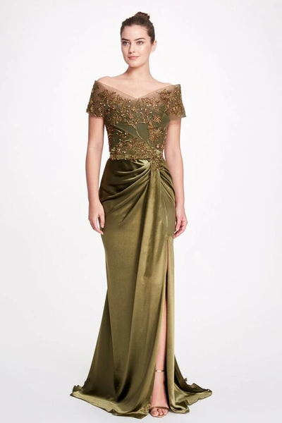 Marchesa Gathered Slit Gown In Brown