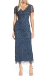 Pisarro Nights Beaded Mesh Column Gown In Coastal Blue