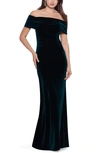 Xscape Off The Shoulder Velvet Gown In Hunter