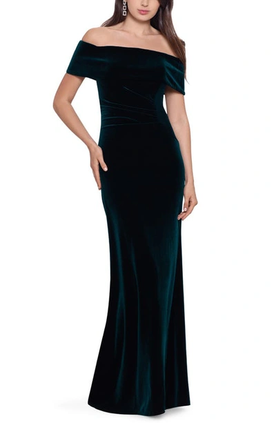 Xscape Off The Shoulder Velvet Gown In Hunter