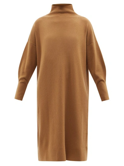 Another Tomorrow Ribbed Funnel Neck Midi-dress In Vicuna
