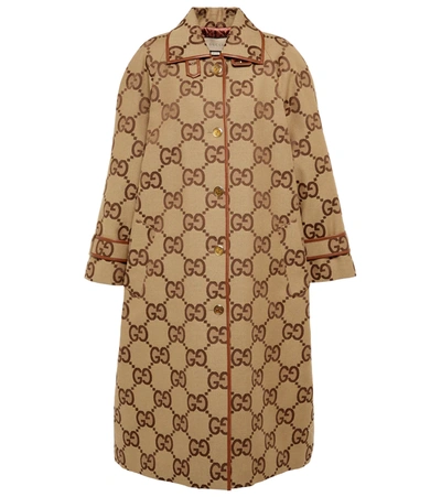 Gucci Gg Supreme Leather-trimmed Canvas Coat In Nude & Neutrals