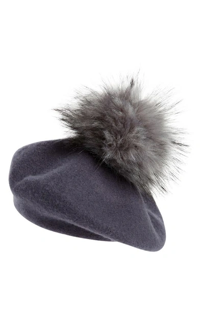 Kyi Kyi Wool Beret With Faux Fur Pom In Charcoal/ Grey