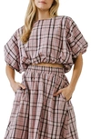 English Factory Plaid Puff Sleeve Crop Top In Pink Multi