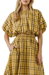 English Factory Plaid Puff Sleeve Crop Top In Yellow Multi